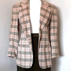 Vintage Preppy Plaid Blazer Peach Tan Olive Green Structured Jacket Sz 4